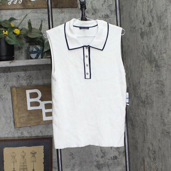 NWT Tommy Hilfiger Rib Knit Sleeveless Polo Shirt Ivory White / Midnight XL - Picture 4 of 8
